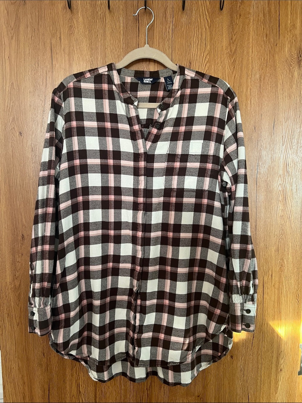 Lands' End women's Plaid Button-Front Shirt - Brown, Pink & Cream